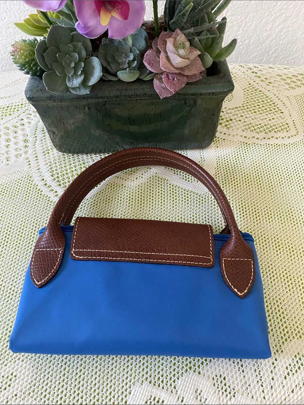 Longchamp - Small Blue Nylon Tote with Brown Leather Trim - Picture 7 of 8